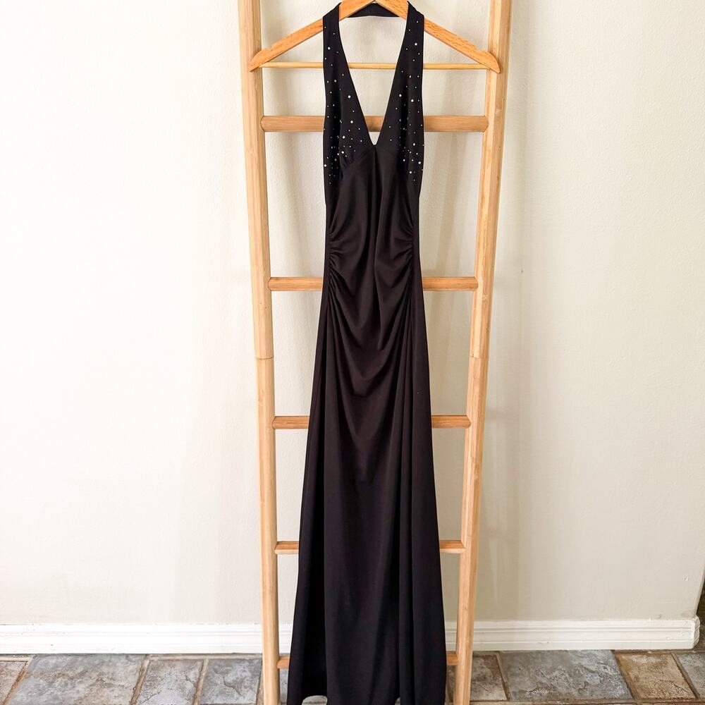 Vintage Y2K Jodi Kristopher Black Halter Rhinestone Open Back Prom Gown Small